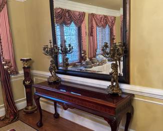 KARGES Georgian Mahogany Clawed Foot Rectangular Console Table (66"W x 20"D x 32"H) with Large Square Wood Framed Wall Mirror (61"W x 61"H) & Pair of French Magnum Spelter Candelabrum / 7 Lights Each / Cherubs Holding Tambourine & Cymbals (13"D x 13"W x 30-1/2"H)