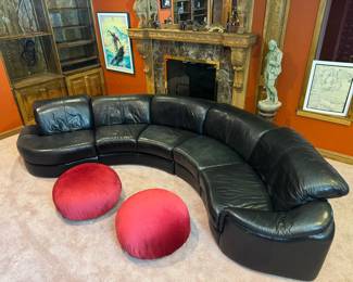Black Leather Adjustable Headrest Curved Sectional (155"W x 36" Seat Depth x 32" Back Height) & Large Deep Red Upholstered Poofs (28"D x 16"H / pair) 