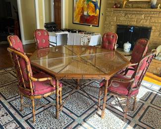 Large Bamboo & Caned Top with Glass Octagonal Kitchen Table (67"W x 29"H) with 6 Cushioned Bamboo Armchairs 