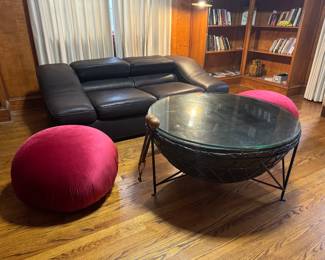 Natuzzi 2 Seater Adjustable Head Rest Leather Loveseat (45"D x 76"W x 25" Back Height) & Large Drum Table with Steel Base & Glass Top (39"D x21"H) & Large Deep Red Upholstered Poofs (28"D x 16"H / pair) 