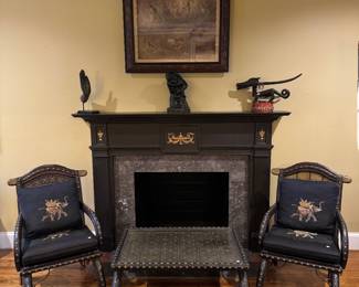 Antique Indian 19th Century Solid Timber & Brass Ox Cart Upholstered Seat with Pillow Back Armchair (23"W x 27"D x 36" Back Height / Pair) & Antique Indian Timber & Brass Curved Legged Coffee Table with Glass Top (24"D x 36"W x 15"H)