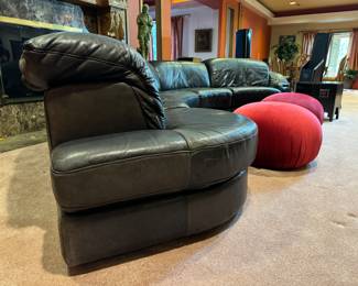 Black Leather Adjustable Headrest Curved Sectional (155"W x 36" Seat Depth x 32" Back Height) & Large Deep Red Upholstered Poofs (28"D x 16"H / pair) 