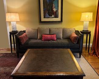 Lilian August Green Upholstered Sofa with Leather Shell Sofa (37"D x 84"W x 34" Back Height) & Large Square Mahogany Base with Leather Top Coffee Table (48"W x 48"D x 18"H) & Tall Rattan Top with Bead Accented Round Side Table (15"D x 32"H / Pair) & Vintage Blanc De Chine Porcelain Pierced Table Lamp (Pair) & Framed Original Pastel on Paper Abstract Nude Signed Joseph Holston '92 (36-1/2"W x 45"H)