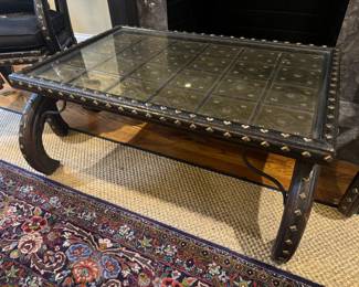 Antique Indian Timber & Brass Curved Legged Coffee Table with Glass Top (24"D x 36"W x 15"H)