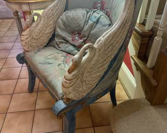 Vintage Upholstered Carved Wooden Swan High-Back Chair (27"D x 34-1/2"H x 28"W) with Matching Table (22"D x 27-1/2"H)