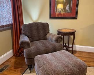 Lillian August Upholstered Cheetah Print Armchair (41"D x 38"W x 33" Back Height) & Ottoman (26"W x 24"D x 17"H) on Casters & American Wood Carving Co. Floral Inlayed Top Side Table (18"D x 27"H)