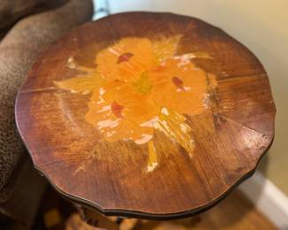 American Wood Carving Co. Floral Inlayed Top Side Table (18"D x 27"H)