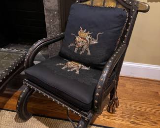 Antique Indian 19th Century Solid Timber & Brass Ox Cart Upholstered Seat with Pillow Back Armchair (23"W x 27"D x 36" Back Height / Pair)