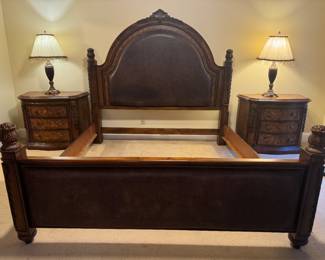 Large Eastern King Bed (Headboard - 75"H x 82"W | Footboard - 36"W x 82"W) with Matching 3 Drawer End Tables (38"W x 21"D x 31"H each) & Dale Tiffany "Antiques Roadshow" F.M. Repro Table Lamps / pr