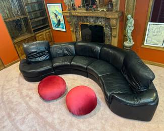 Black Leather Adjustable Headrest Curved Sectional (155"W x 36" Seat Depth x 32" Back Height) & Large Deep Red Upholstered Poofs (28"D x 16"H / pair) 