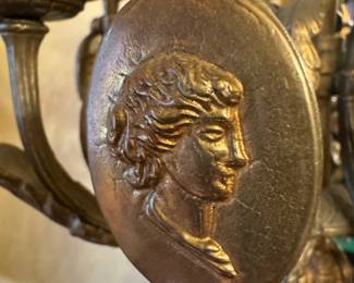 Pair of French Magnum Spelter Candelabrum / 7 Lights Each / Cherubs Holding Tambourine & Cymbals (13"D x 13"W x 30-1/2"H) DETAIL