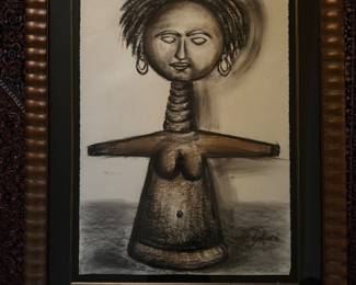 Framed Original Charcoal on Paper African Tribal Signed Safori (43"H x 34"W)