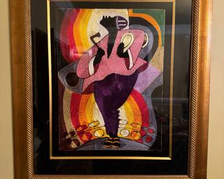 Framed Original Silk Thread Art "Symbol Player" (34"W x 40"H)