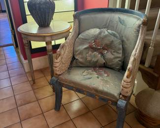 Vintage Upholstered Carved Wooden Swan High-Back Chair (27"D x 34-1/2"H x 28"W) with Matching Table (22"D x 27-1/2"H)