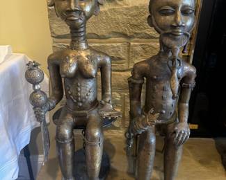 Beninin Edo Oba Nigeria Bronze Ancestor King & Queen Statues