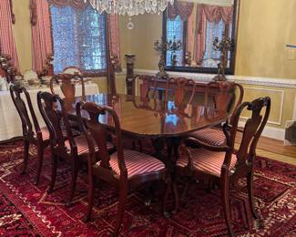 KARGES Albert & Edwin Collection Dual Pedestal Inlay Rectangular Dining Table (48"W x 28-1/2"H x 78"L with 3 Leaves 12"L each) & KARGES Georgian Furniture Solid Mahogany Dining Chairs (2 Armchairs / 8 Side Chairs)