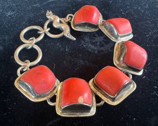Sterling Silver with Red Coral Cuff Alligators Bracelet
