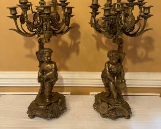 Pair of French Magnum Spelter Candelabrum / 7 Lights Each / Cherubs Holding Tambourine & Cymbals (13"D x 13"W x 30-1/2"H)