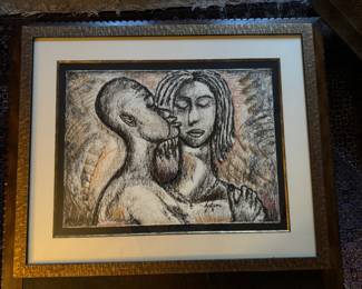 Framed Original Pastel on Paper of a Couple Signed Safori. (42-1/2"W x 35"H)