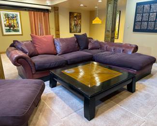 Roche Bobois Leather & Fabric Sectional Sofa (RAF Chaise - 93"D x 44"W / LAF Loveseat - 82"W x 41"D x 34" Back Height) & Large Square Coffee Table with Gold Accents 
