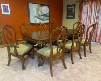 Traditional Rectangular Dining Table with Metal Legs (86"L x 46"W x 30"H) & Upholstered Seat Dining Chairs (2 Armchairs / 6 Side Chairs)