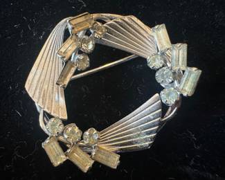 Sterling Silver Rhinestone Round Floral Leaf Vintage Carl Art Brooche