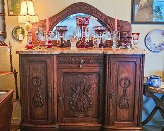 Antique Oak Art Deco Buffet with Original Keys - Bohemian Cut Glass