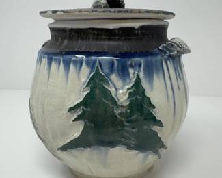 NW Inspired Lidded Pottery Jar w/ Pine Tree Design	