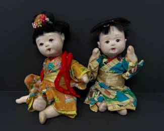 Pair of Antique Japanese Bisque Dolls in Kimonos	
