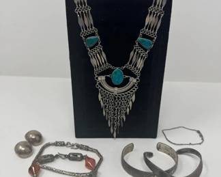 Mixed Silver Jewelry Lot - Azurite Necklace & Assorted Pieces	