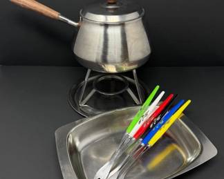 Vintage MCM Stainless Fondue Set – Colorful Forks & Serving Dish	