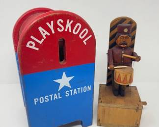 Vintage 1960s Playskool Postal Station & Wooden Drummer Mechanical Toy	
