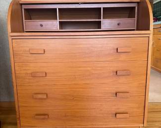 Danish Modern Teak Veneer Roll-Top Writing Desk	