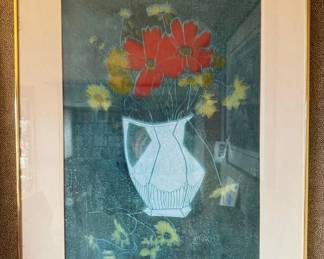 Framed Still Life Print of Flowers in a Vase – Signed ‘Mort’	