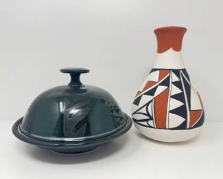 Isleta Pueblo Pottery Vase by Eliz Olguin & Green Glazed Covered Dish	