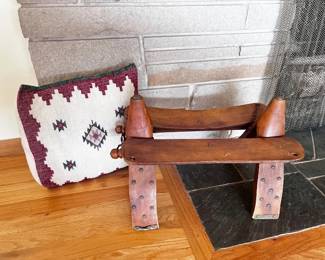 Vintage Wooden Camel Saddle Stool w/ Handwoven Pillow	