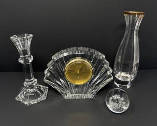 Crystal & Glass Decor Lot: Vintage Mikasa Clock, Swedish Paperweight +	