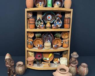 Miniature Mexican Pottery Kitchen Set w/ Wooden Shelf & Figurines	