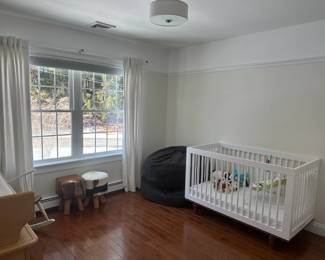 PB teen beanbags, crib, rocking chair, and stools