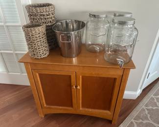 crate and barrel console table, drink dispensers, ice bucket 