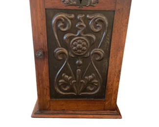 Antique Arts & Crafts Art Nouveau Smokers Cabinet with Key Upper Hinged Lid Pressed Metal Door Panel
