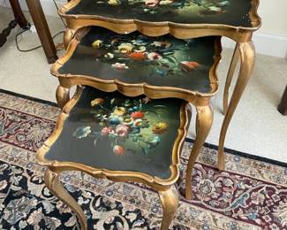 3 Italian Florentine Vintage Nesting Side Tables Floral Hand Painted Tops