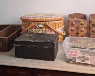 Vintage Sewing Machine Drawers, Buttons, Bobbins.