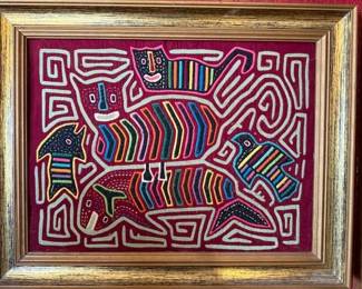 MOLA tribal textile art. Dog. Cat. Fish. Animals. Framed.