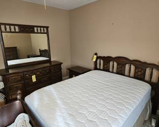 Retro full bedroom suite, bed , dresser with mirror and chest of drawers