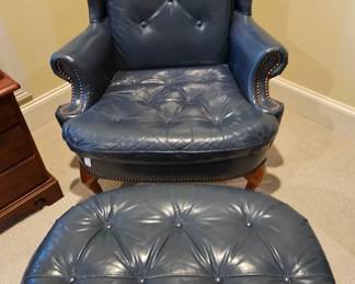Blue leather desk chair and ottoman