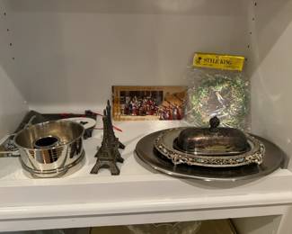 Eifel tower salt/ pepper shakers, silver plate platters