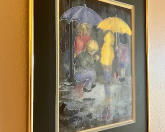 1993 Framed & Matted Watercolor Print of Children in the Rain by Val Persoon