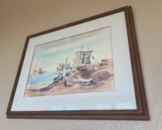 1981 Framed & Matted Watercolor Print of Beach Scene by G. Wilson