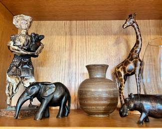 Mexican Folk Art Paper Mache Doll, Wood Carved Elephant, Wood Carved Giraffe, Wood Carved Hippo